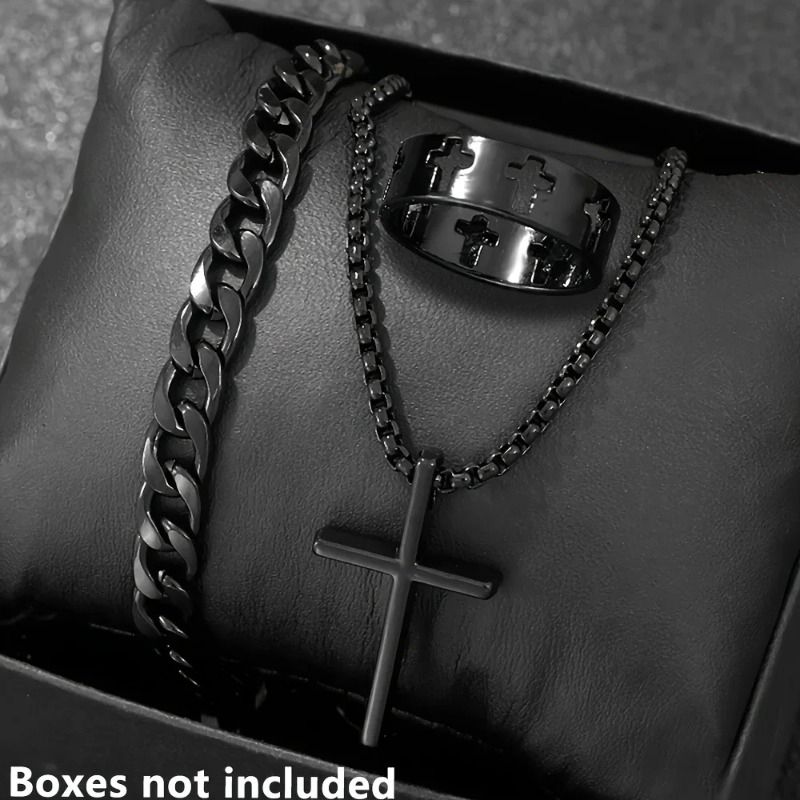 Men Accessories Ring And Bracelet - ชุดเครื่องประดับครอสสไตล์ สร้อยข้อมือ สร้อยคอ แหวน 3 ชิ้น