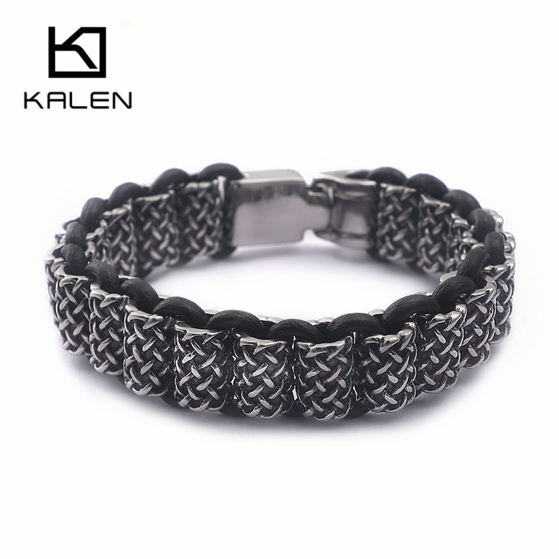 Men Accessories Ring And Bracelet - KALEN Vintage หนังสีดำสร้อยข้อมือผู้ชายสแตนเลสสี่เหลี่ยมผืนผ้ากล่อง Chain สายรัดข้อมือ Homme