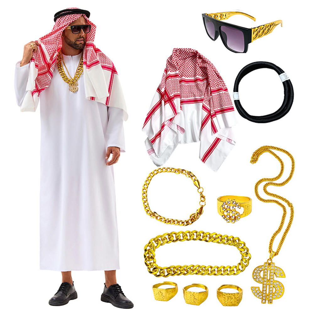 Men Accessories Uae - ชุดคอสเพลย์ชีคแบบอาหรับดูไบ ยูเออี พร้อมผ้าโพกศีรษะและเครื่องประดับ ชุดเจ้าชายอาหรับ สำหรับเทศกาลปูริม ฮาโลวีน