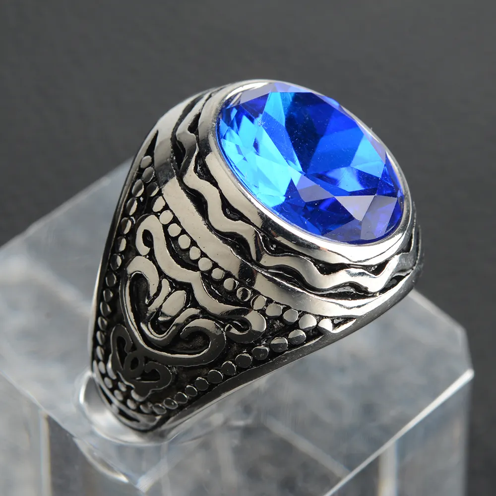 Signet Ring Men - แหวนหินสีน้ำเงินเข้มทำด้วยมือสำหรับผู้ชายเครื่องประดับสแตนเลสสตีลสไตล์พังค์สำหรับผู้ชายแหวนสำหรับเด็กผู้ชายสีทองเงิน