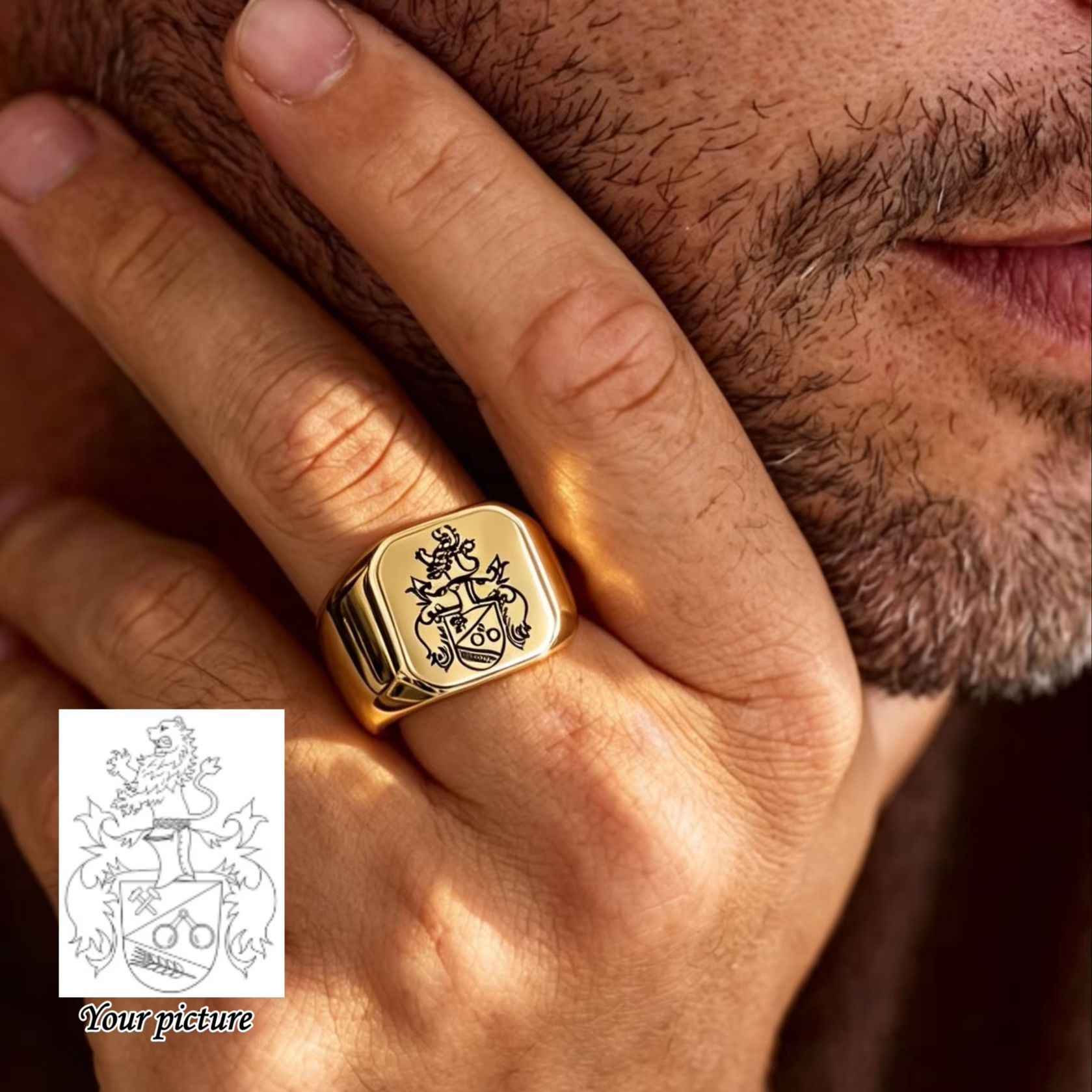 Signet Ring Men - แหวนตราประจำตระกูลแบบสั่งทำพิเศษสำหรับผู้ชาย แหวนสแตนเลสสตีลทรงสี่เหลี่ยม แกะสลักตราอาร์ม ของขวัญเครื่องประดับแฟชั่น