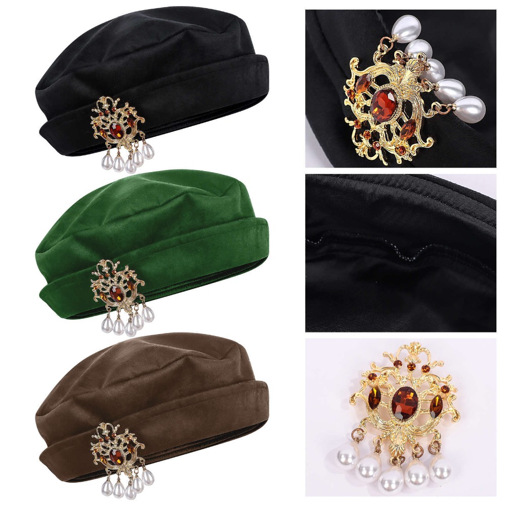 Medieval Men'S Accessories - หมวกเบเรต์สไตล์ทิวดอร์ยุคกลางสำหรับผู้ชาย หมวกทรงแบนสไตล์ทิวดอร์ยุคเรอเนซองส์ ของตกแต่งชุดย้อนยุคสำหรับงาน LARP คอมมิคคอน ปาร์ตี้ฮาโลวีน