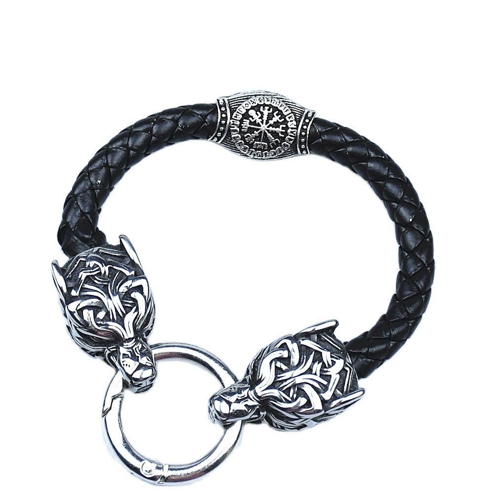 Men Accessories Ring And Bracelet - สร้อยข้อมือหัวหมาป่าสแตนเลสสำหรับผู้หญิงผู้ชาย สร้อยข้อมือหนังประดับลูกปัดรูนไวกิ้ง เครื่องประดับ