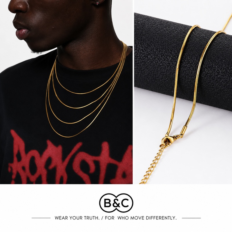 Men'S Accessories Chain - สร้อยคอผู้ชายแบบโซ่ลายงูทรงแปดเหลี่ยม สีทอง ขนาด 1.2 มม. ทำจากสแตนเลส