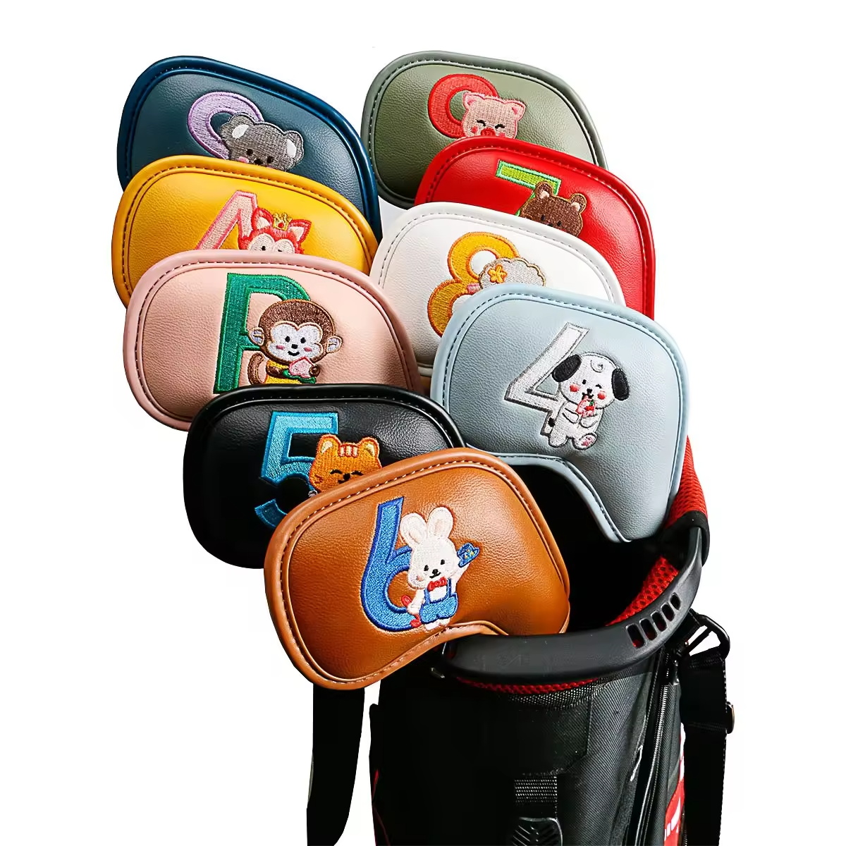 Men Accessories Gift - ชุดคลุมหัวไม้กอล์ฟลายการ์ตูนสัตว์น่ารัก 9 ชิ้น, วัสดุหนัง PU ปักลาย,