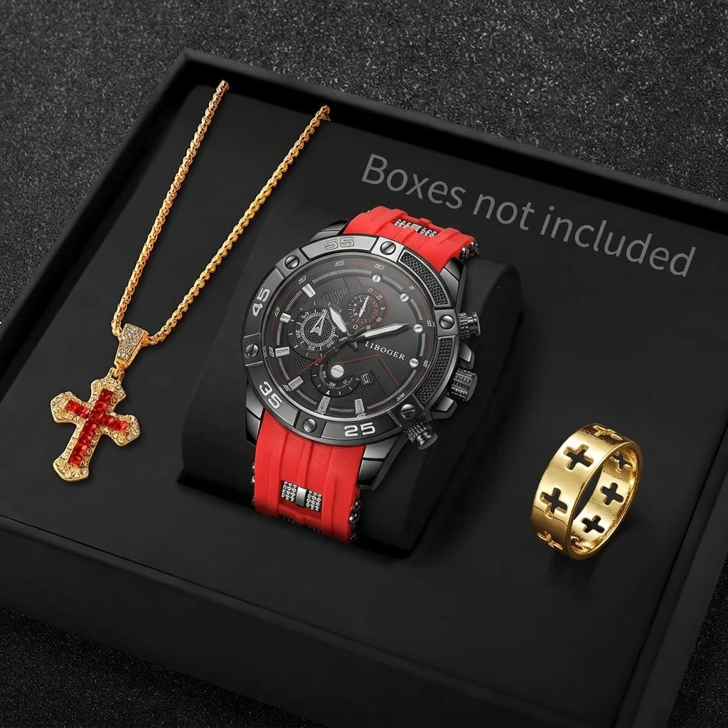 Men Accessories Gadgets - 3 ชิ้น/ชุด นาฬิกาสปอร์ตแฟชั่นสำหรับผู้ชาย ชุดเครื่องประดับรูปกากบาท สายซิลิโคนลำลอง นาฬิกาข้อมือผู้ชาย