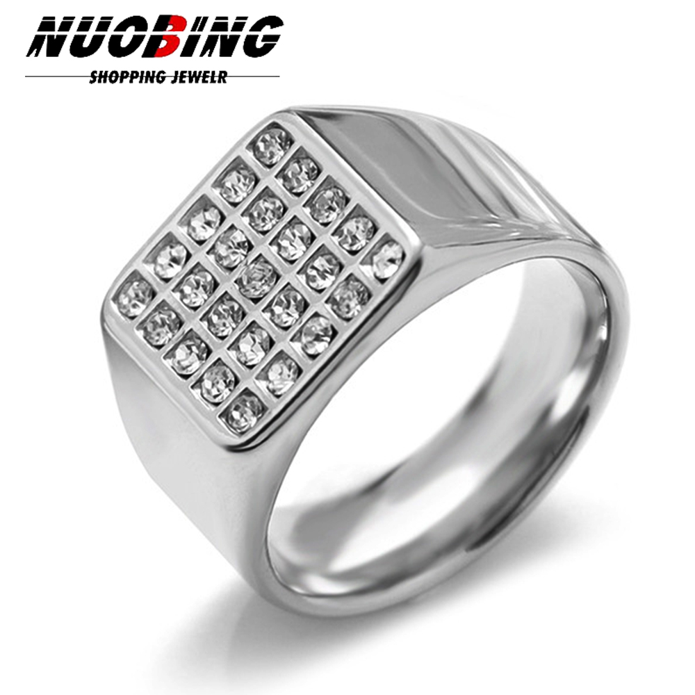 Signet Ring Men - แหวนตราประทับทรงสี่เหลี่ยมขนาด 14 มม. ประดับด้วยเพชรคิวบิกเซอร์โคเนียเงางาม สำหรับผู้ชาย วงแหวนสแตนเลส